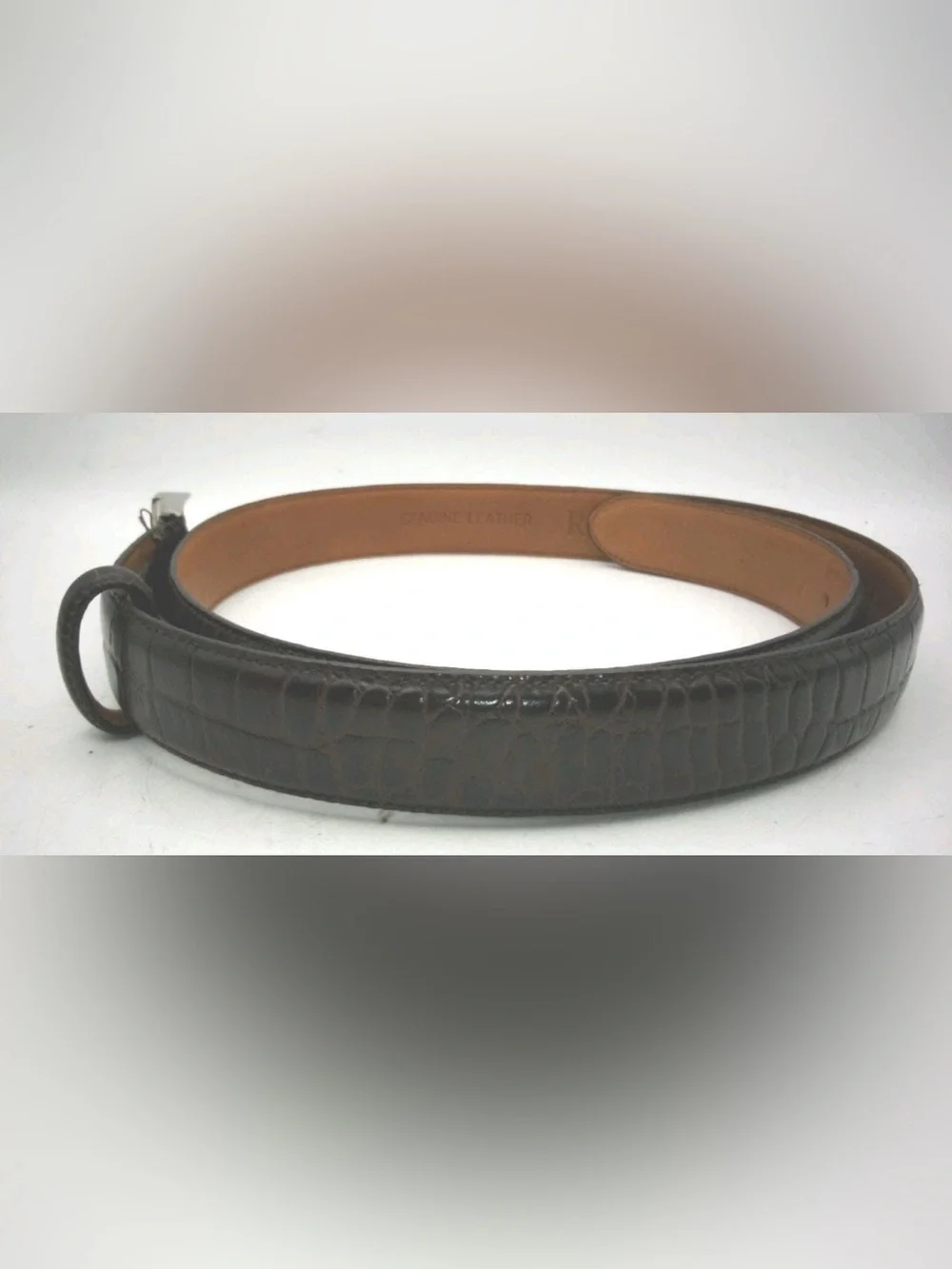 Vintage Ralph Lauren RL Dark Brown Crocodile Embossed Leather Skinny Belt